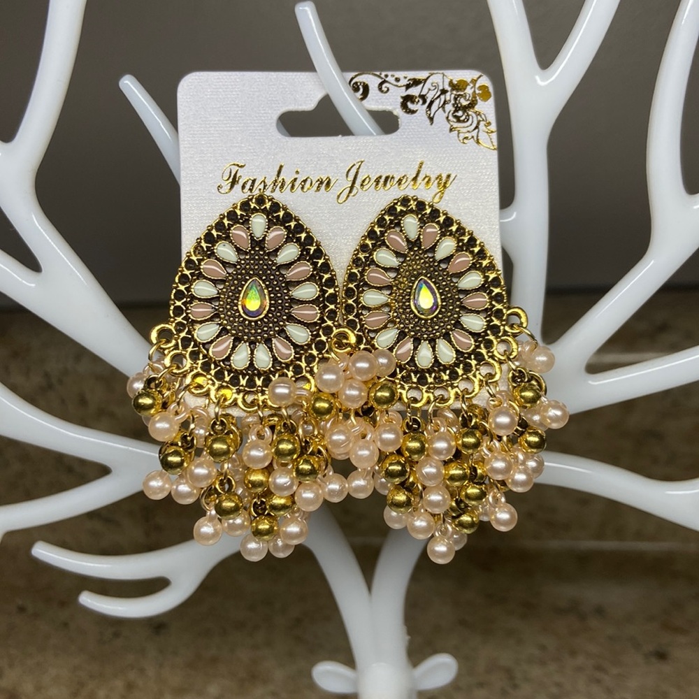 Gold water drop beaded tassel earrings